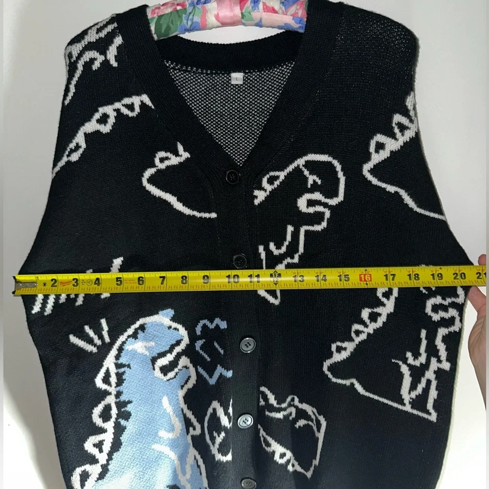 Cute Kawaii Cartoon Dinosaur Print Long Sleeve Loose Knitted Cardigan w Buttons - Picture 10 of 11